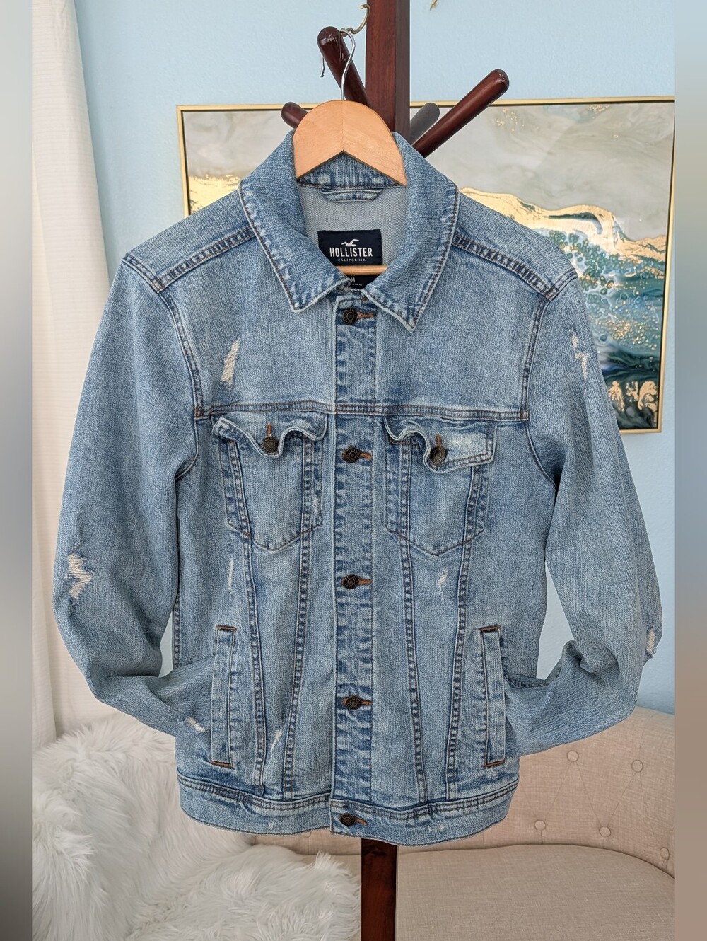 Hollister Light Blue Distressed Denim Jacket - Sz M.Womans
